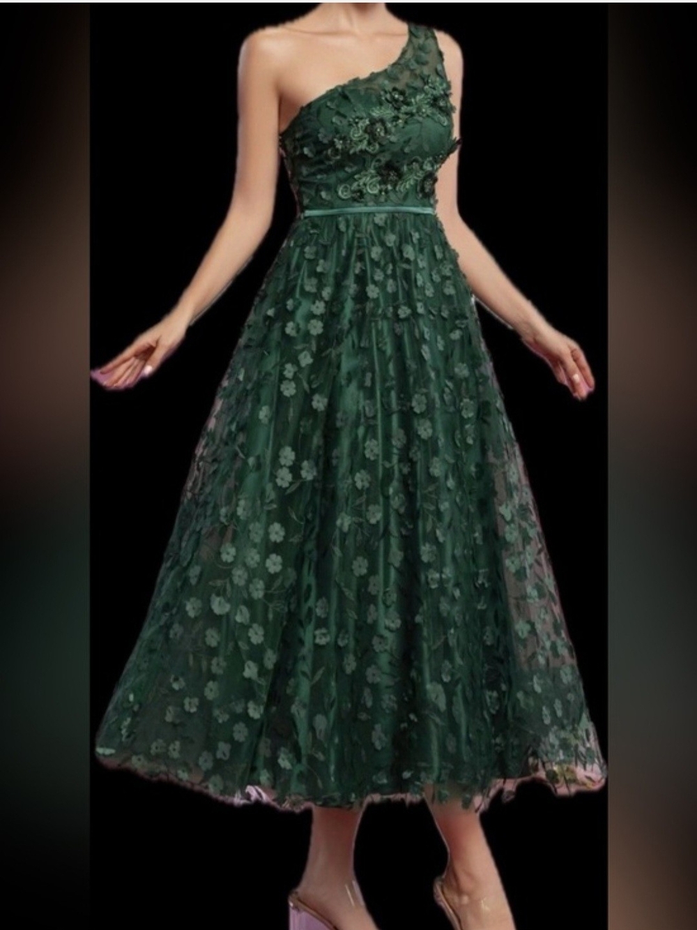 Elegant One-Shoulder Green Floral A-Line Dress